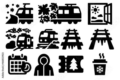 Seasonal Train Icons. Solid style icons of seasonal train travel: snowplow train, autumn leaves train, summer window open, spring