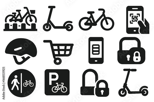 Shared Mobility Icons. Solid style icons of shared bikes and scooters: bike docking station, electric scooter, rental bike, QR