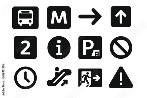 Transport Signage Icons. Solid style icons of transport signage: bus route plate, metro line sign, transfer arrow, exit direction,