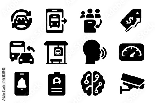 Smart Mobility Icons. Solid style icons of smart mobility: shared mobility icon, transport app sync, real-time crowd tracker,