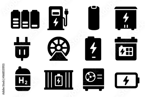 Energy Storage Icons. Solid style icons of energy storage: battery pack, charging dock, lithium cell, energy vault, capacitor unit