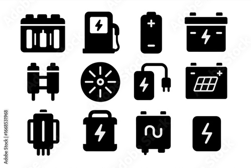 Energy Storage Icons. Solid style icons of energy storage: battery pack, charging dock, lithium cell, energy vault, capacitor unit