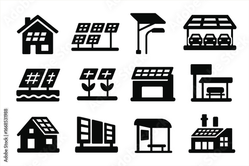 Solar Energy Icons. Solid style icons of solar installations: house with panels, solar farm, solar carport, solar-powered