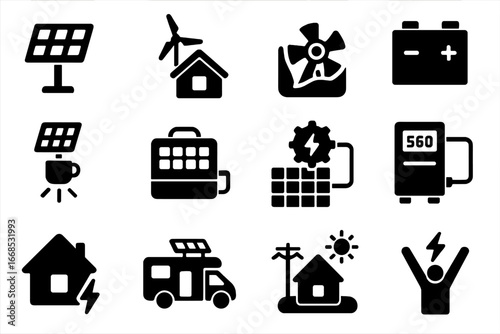 Off-Grid Energy Icons. Solid style icons of off-grid energy: standalone panel, wind on cabin, micro hydro unit, off-grid battery,