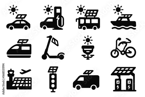 Icons of Solar Transport. Solid style icons of solar in transport: solar-powered car, solar charging EV station, solar panel on