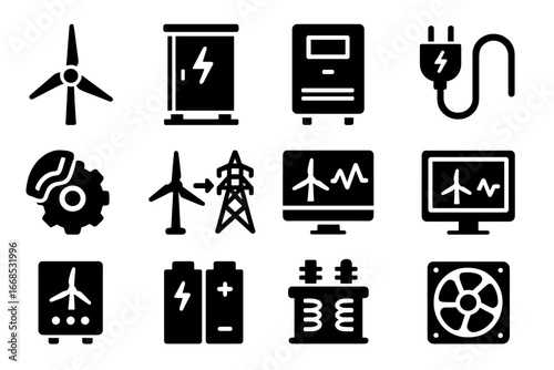 Wind Energy System Icons. Solid style icons of wind energy systems: turbine generator, control cabinet, wind inverter, grid