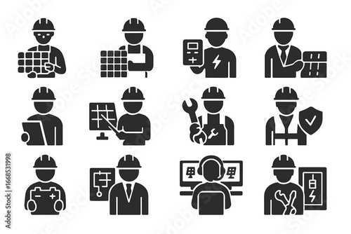 Solar Industry Professionals. Solid style icons of solar industry professionals: solar engineer, panel installer, inverter