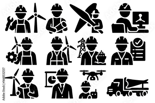 Wind Energy Icon Set. Solid style icons of wind energy jobs: turbine technician, site planner, blade engineer, SCADA operator,