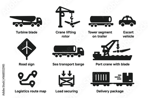 Turbine Transportation Icons. Solid style icons of turbine transportation and logistics: turbine blade truck, crane lifting rotor,
