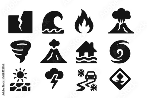 Natural Disaster Icons. Solid style icons of natural disasters: earthquake crack, tsunami wave, wildfire flame, landslide hill,