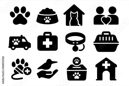 Animal Charity Icons. Solid style icons of charity for animals: dog paw icon, pet food bowl, cat shelter house, adoption symbol,