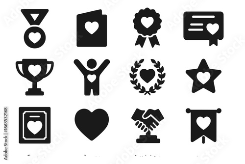 Charity Recognition Icons. Solid style icons of charity recognition and awards: medal with heart, thank you card, ribbon badge,
