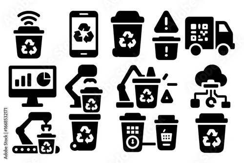 Smart Recycling Technology Icons. Solid style icons of smart recycling tech: sensor bin icon, app with recycling info, QR code bin