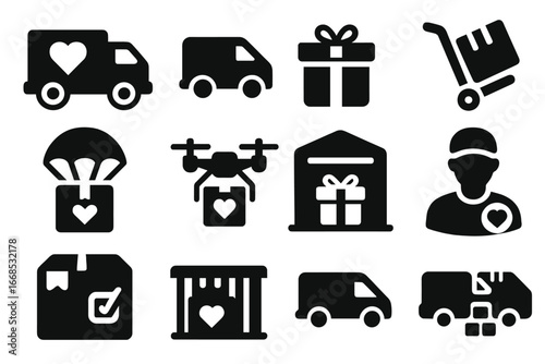 Donation Logistics Icons. Solid style icons of donation transport and logistics: delivery truck with heart, supply van icon,