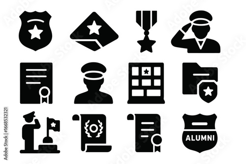 Retired Icons Collection. Solid style icons of retired police and veterans: retired badge icon, folded flag with star, service