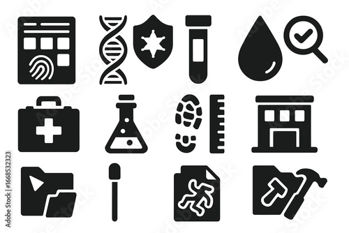 Forensic Police Icons. Solid style icons of forensic police work: fingerprint card, DNA helix with badge, evidence sample tube,