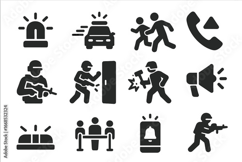 Emergency Action Icons. Solid style icons of emergency police actions: siren light, pursuit car icon, suspect chase, emergency