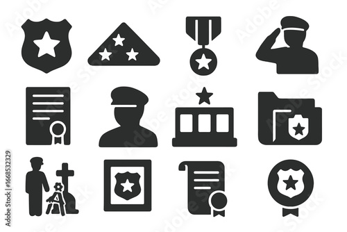 Retired Icons Collection. Solid style icons of retired police and veterans: retired badge icon, folded flag with star, service