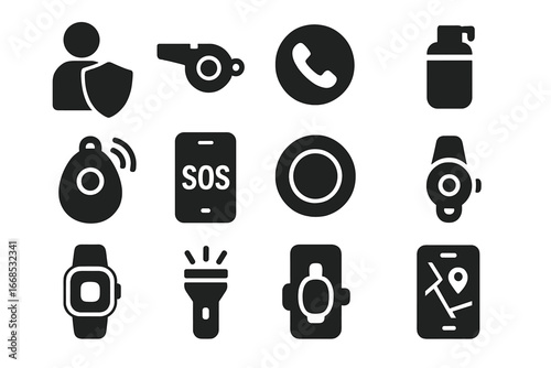 Icons of Personal Safety. Solid style icons of personal safety: person with shield, whistle icon, emergency call button,