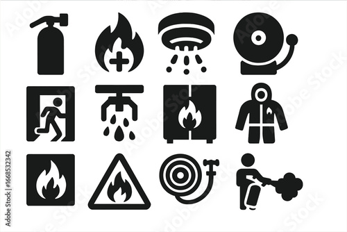 Fire Safety Icons. Solid style icons of fire safety: fire extinguisher, flame with cross icon, smoke detector, fire alarm bell,