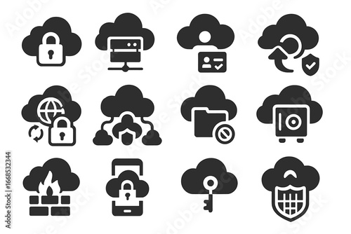 Cloud Security Icons. Solid style icons of cloud security: cloud with lock, secure server cloud, cloud access control, cloud