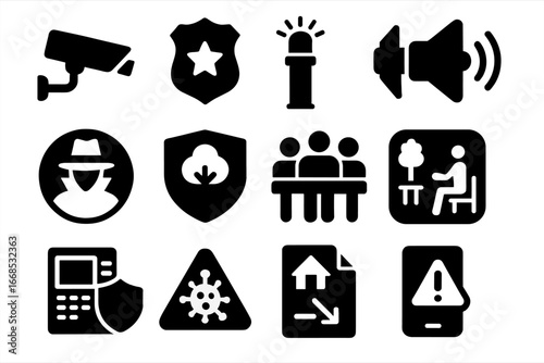 Public Safety Icons. Solid style icons of public safety: city camera icon, street patrol badge, emergency pole symbol, community