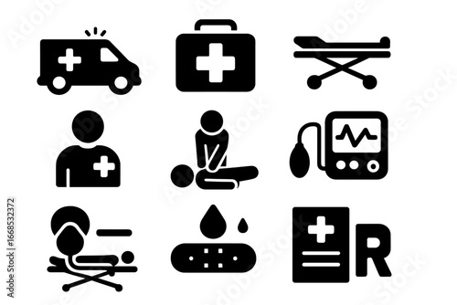 Medical Emergency Icons. Solid style icons of medical emergencies: ambulance icon, first aid kit, emergency stretcher, paramedic