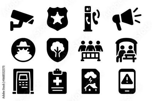 Public Safety Icons. Solid style icons of public safety: city camera icon, street patrol badge, emergency pole symbol, community