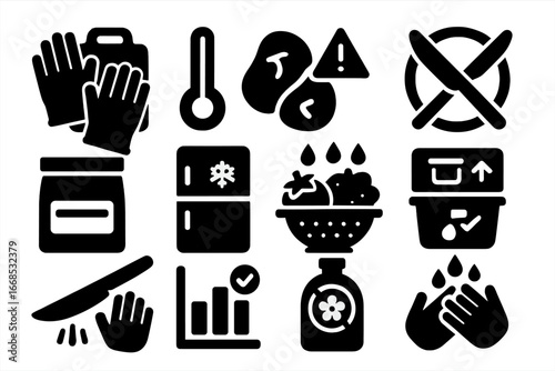 Kitchen Safety Icons. Solid style icons of food and kitchen safety: gloves with cutting board, food temperature symbol, raw meat