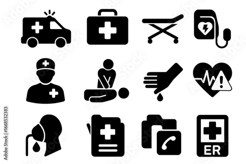 Medical Emergency Icons. Solid style icons of medical emergencies: ambulance icon, first aid kit, emergency stretcher, paramedic