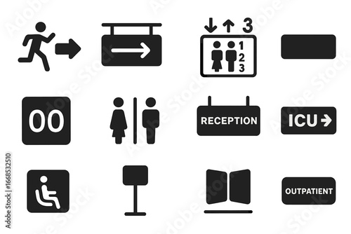 Hospital Signage Icons. Solid style icons of hospital signage and wayfinding: emergency exit sign, directional hallway sign,