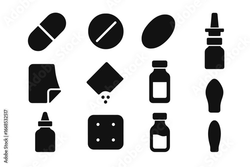 Drug Form Icons. Solid style icons of drug forms and types: capsules icon, round tablet, gel capsule icon, chewable tablet,