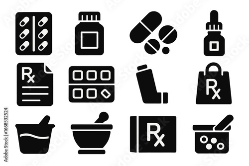 Pharmacy Icon Set. Solid style icons of medication and pharmacy: pill blister pack, medicine bottle, capsules and tablets, dropper