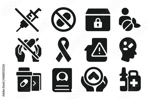 Drug Misuse Prevention Icons. Solid style icons of addiction and drug misuse prevention: crossed syringe icon, pill abuse warning,
