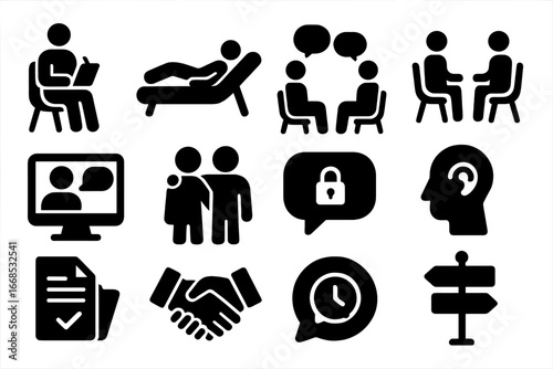 Therapy Session Icons. Solid style icons of therapy sessions: therapist with clipboard, client on couch, face-to-face conversation