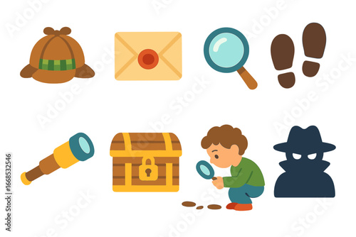 Children's Mystery Icons. Flat vector mini-illustrations mystery thriller in colors children's illustrations: detective hat,