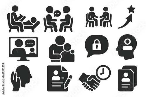 Therapy Session Icons. Solid style icons of therapy sessions: therapist with clipboard, client on couch, face-to-face conversation
