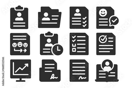 Therapy Tools Icons. Solid style icons of therapy assessments and documentation: intake form icon, progress notes file, therapist