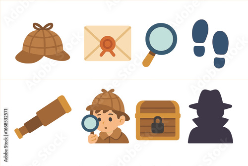 Children's Mystery Icons. Flat vector mini-illustrations mystery thriller in colors children's illustrations: detective hat,