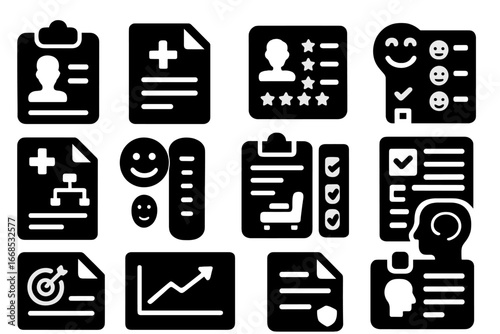 Therapy Tools Icons. Solid style icons of therapy assessments and documentation: intake form icon, progress notes file, therapist