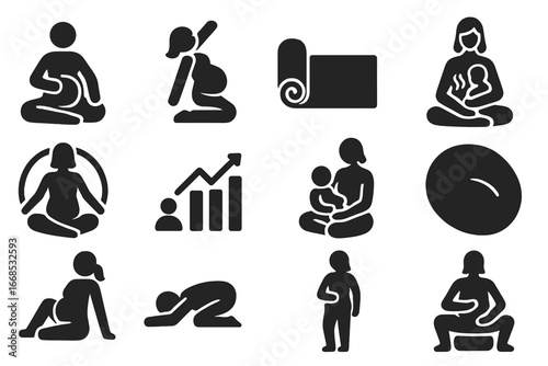 Prenatal Postnatal Yoga Icons. Solid style icons of prenatal and postnatal yoga: pregnancy pose icon, belly support stretch,