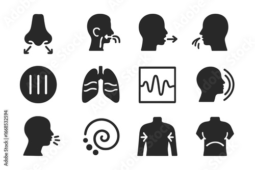 Breathwork Icon Set. Solid style icons of breathwork and pranayama: nose with air arrows, alternate nostril breathing, inhale