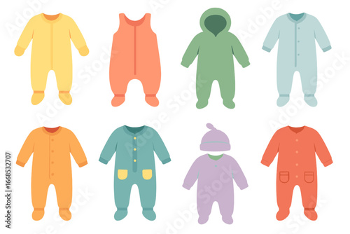 Children's Pajamas and Hoodies. Flat vector mini-illustrations baby sleepwear in colors children's illustrations: footed pajamas