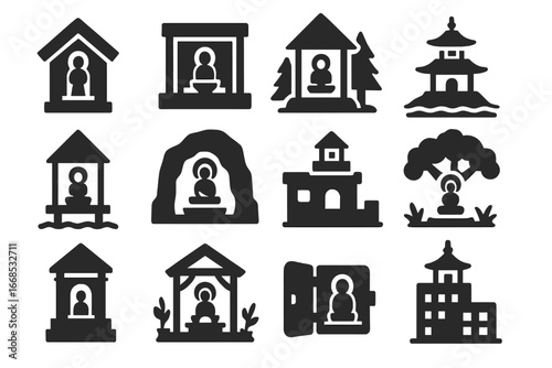 Solid Temple Icons. Solid style icons of small temples and altars: roadside shrine, home altar, forest temple, island pagoda,