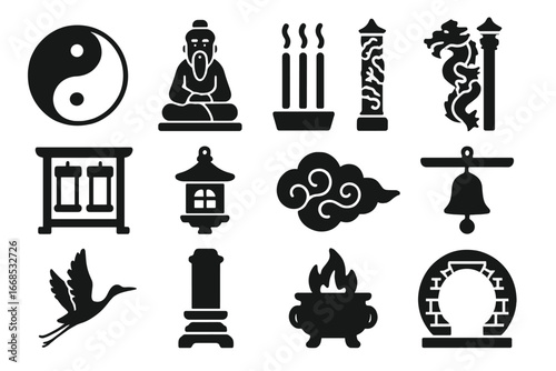 Taoist Temple Icons. Solid style icons of Taoist temples: yin-yang symbol, sage statue, incense sticks, dragon pillar, altar with