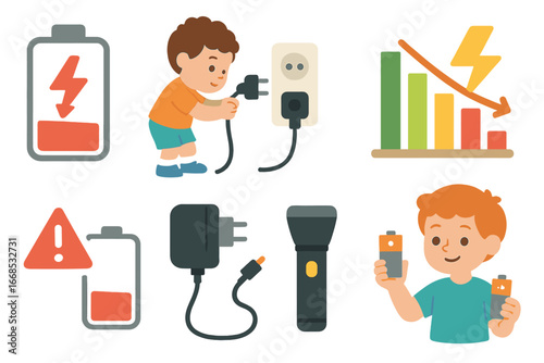 Children's Power Awareness. Flat vector mini-illustrations battery discharge in colors children's illustrations: battery with
