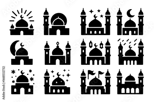 Mosque in Various Moods. Solid style icons of mosque during special times: dawn light prayer, sunset silhouette, night mosque