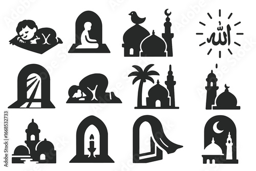 Peaceful Mosque Scenes. Solid style icons of peaceful mosque scenes: child napping after prayer, lone worshiper in hall, bird near