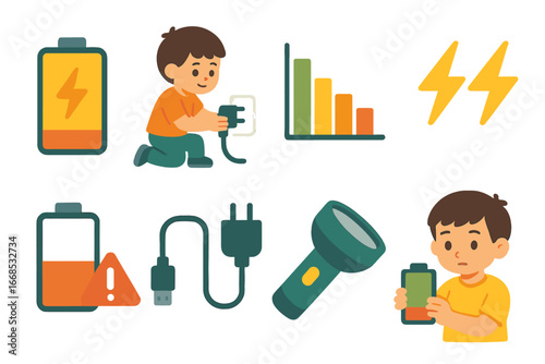 Children's Power Awareness. Flat vector mini-illustrations battery discharge in colors children's illustrations: battery with