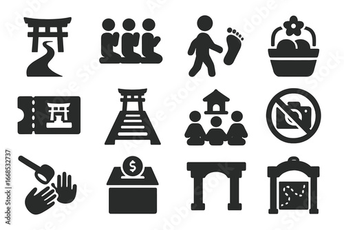 Pilgrimage Icon Set. Solid style icons of pilgrimage and temple visits: temple path, prayer line, barefoot pilgrim, offering